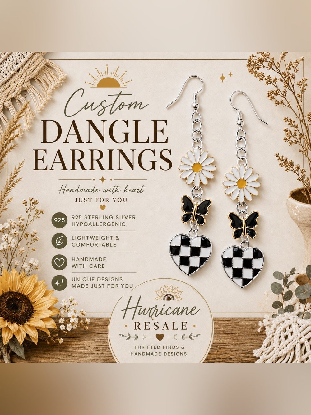 Handmade Custom Dangle Earrings | 925 Sterling Silver Hypoallergenic Hooks